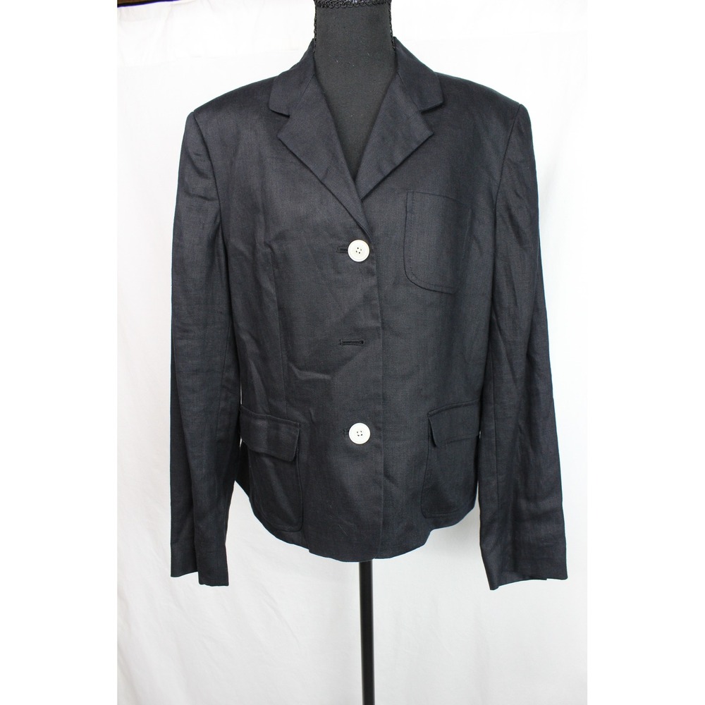 Chaps Womens Navy Blue 100% Linen Three Button Blazer Jacket Size 14